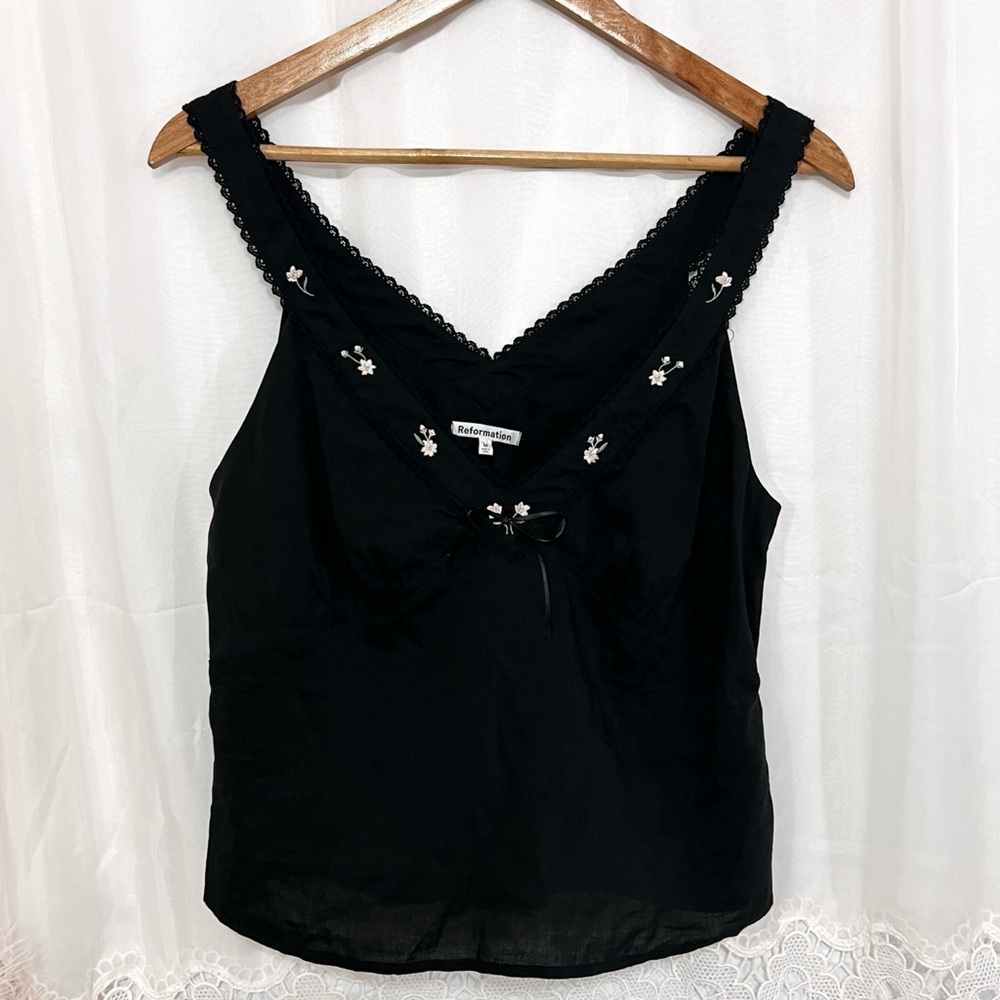 Reformation Capri Black Floral Embroidered Tank Top